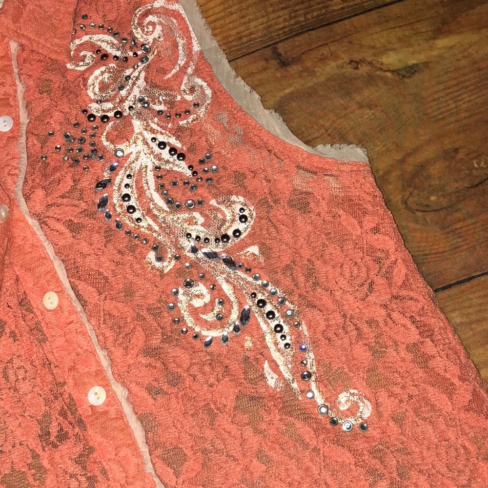 MISS ME~ Coral Embellished Sleeveless Lace Shirt~L - Picture 6 of 8